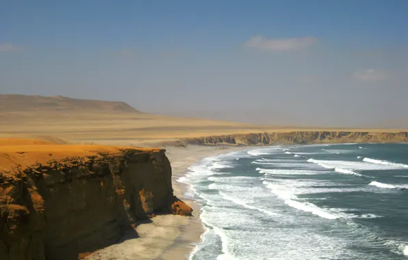 Картинка Beach, Chile, Desert, Waves, Cliff