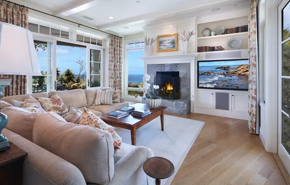 Картинка диван, телевизор, окно, камин, design, гостиная, interior, living