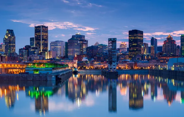 Небо, Горизонт, Небоскребы, Монреаль, отражение в воде, Skyline, Quebec, Квебек