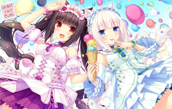 Девочки, аниме, арт, мороженое, nekopara