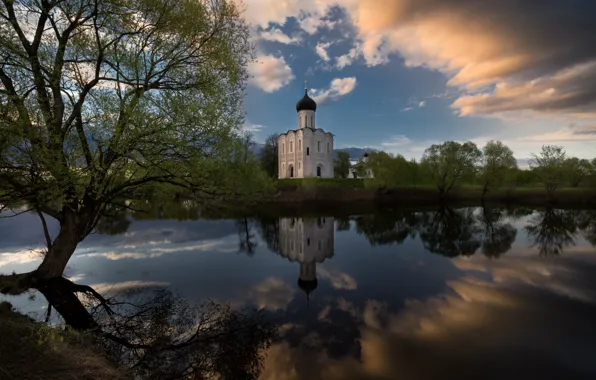 Пейзаж, тучи, природа, отражение, река, церковь, Нерль