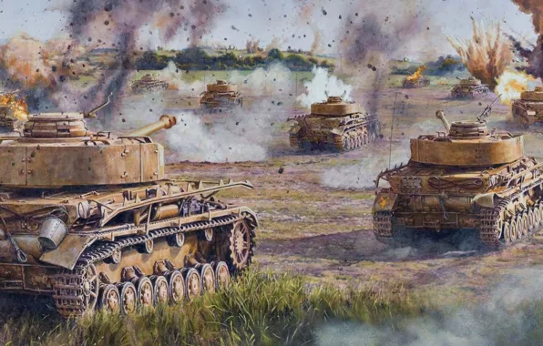 Картинка поле, война, рисунок, арт, PzKpfw IV, наступление, Panzerkampfwagen IV, T‑IV