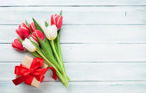 Картинка цветы, подарок, букет, тюльпаны, red, love, white, wood