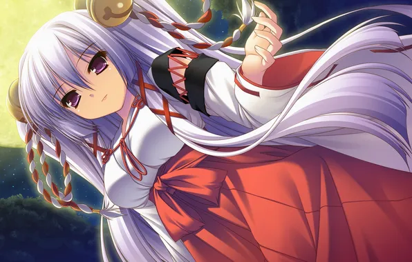 Взгляд, девушка, ночь, луна, юката, art, shirogane otome