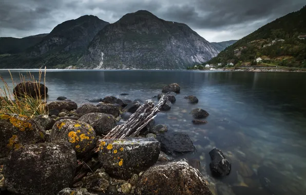 Картинка mountains, clouds, village, stones, Norway, bush, Fjord, driftwood