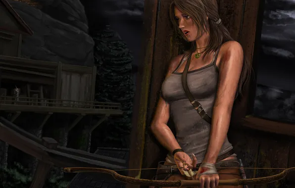 Картинка укрытие, лук, арт, стрела, прячется, Lara Croft, Tomb raider