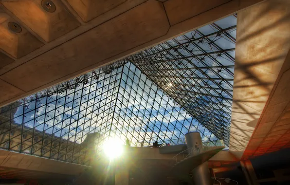 Картинка солнце, лучи, люди, лестница, тени, Paris, Louvre