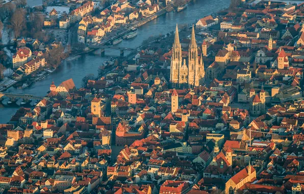 Картинка мост, река, дома, Германия, Бавария, церковь, панорама, собор
