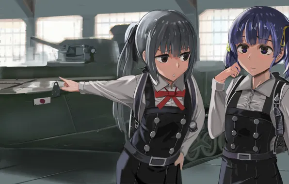 Ангар, танк, длинные волосы, униформа, подруги, Kantai Collection, Флотская Коллекция, Kaga
