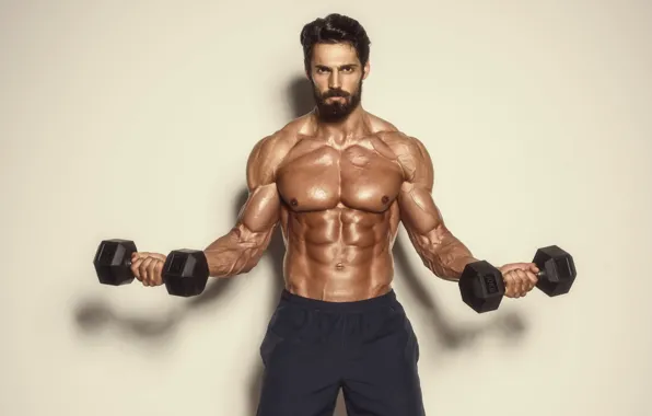 Картинка muscle, мышцы, пресс, pose, гантели, gym, бодибилдер, abs
