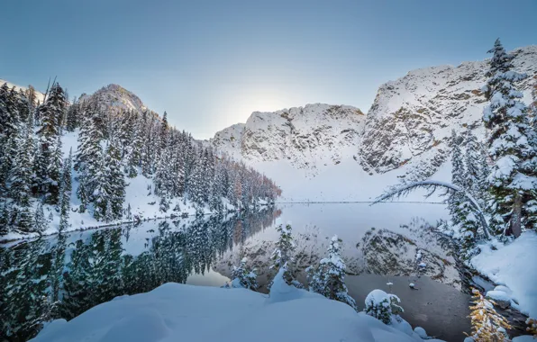 Зима, небо, снег, деревья, горы, отражение