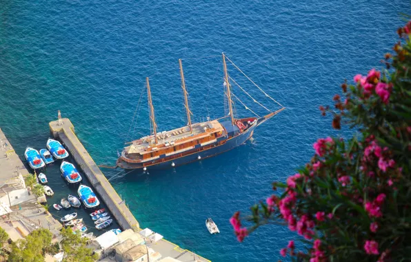 Картинка море, лодки, яхта, Санторини, Греция, причал, Santorini, Oia