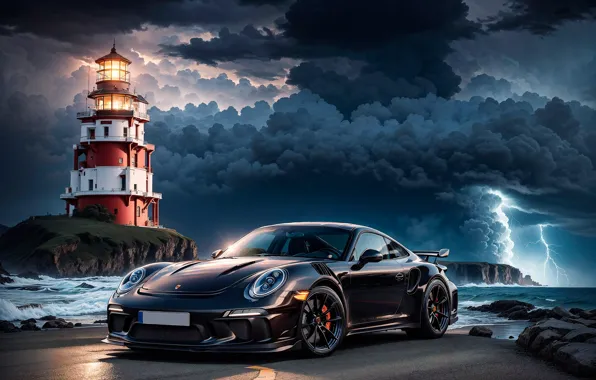 Море, гроза, молния, маяк, спорткар, Porsche 911, Porsche 911 GT3 RS