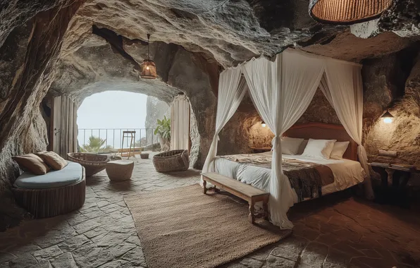 Room, bed, luxury, cave