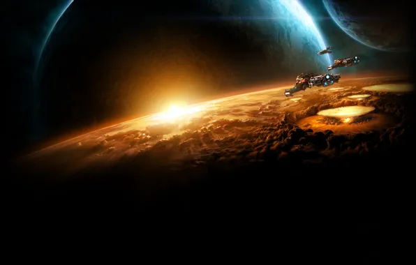 Картинка starcraft 2, уничтожение, крейсеры, эвакуация
