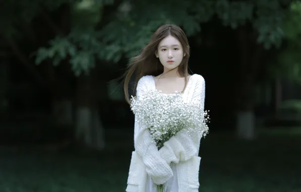 Beautiful, Asian, Model, Flowers, Woman, Bouquet, Pretty, Outdoor