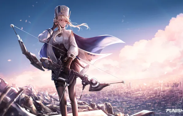 Небо, девушка, город, лук, Bianca, Punishing: Gray Raven