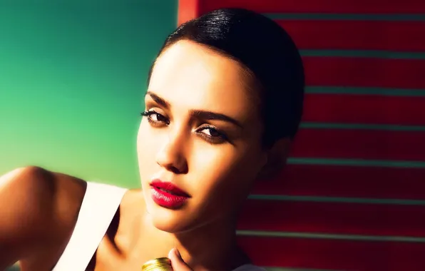 Взгляд, лицо, Jessica Alba, майка, брюнетка, губы