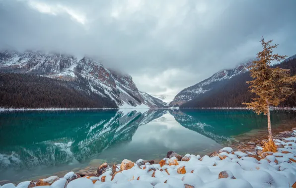 Картинка зима, облака, снег, горы, озеро, парк, камни, Канада
