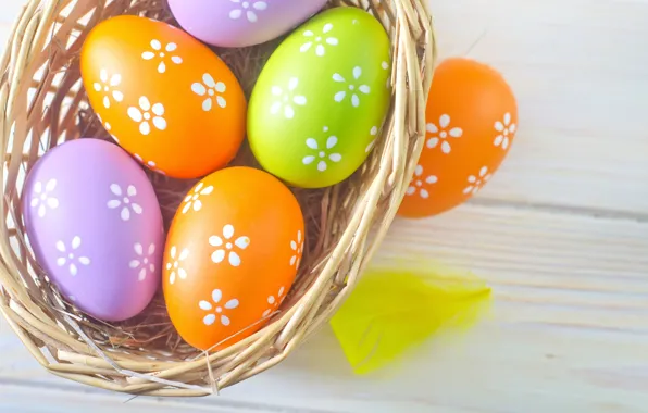 Картинка корзина, цветные, яйца, весна, пасха, Easter, eggs