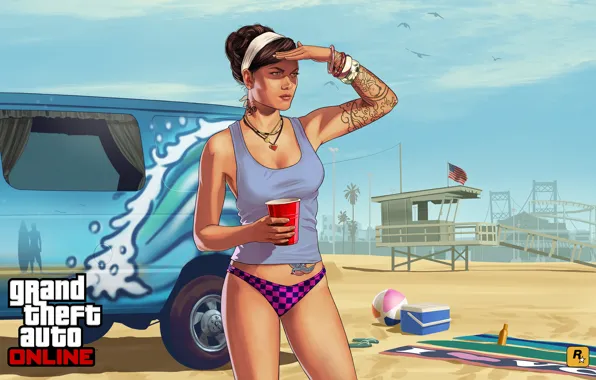 Пляж, девушка, птицы, флаг, арт, фургон, girls, Grand Theft Auto V