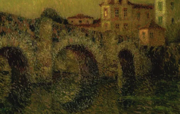 Картина, городской пейзаж, Henri Le Sedaner, Анри Ле Сиданэ, Мост в Сумерках. Динан