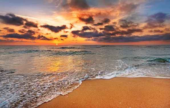 Картинка песок, море, пляж, небо, вода, пейзаж, закат, природа