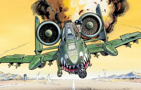 Картинка рисунок, юмор, пилот, штурмовик, взлетная полоса, USAF, Republic, A-10 Thunderbolt II