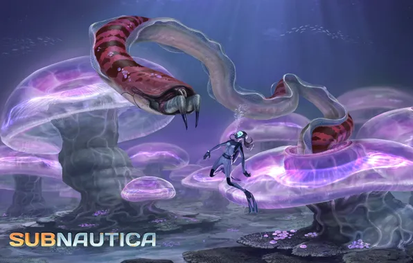 Девушка, океан, водолаз, монстр, арт, Subnautica