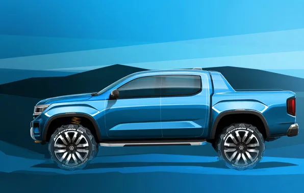 Volkswagen, Голубой, Пикап, Арт, Фольксваген, Amarok, Сбоку, 2022