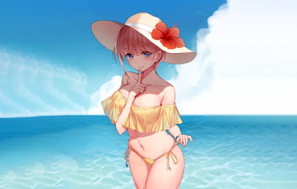 Girl, sexy, cleavage, sea, boobs, anime, beautiful, short hair