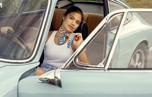 Car, girl, vintage, beautiful, pretty, brunette, professional tennis player, brand ambassador
