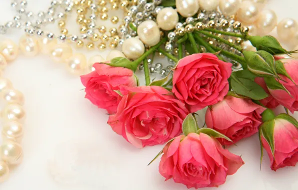 Картинка цветы, розы, букет, ожерелье, жемчуг, flowers, bouquet, roses