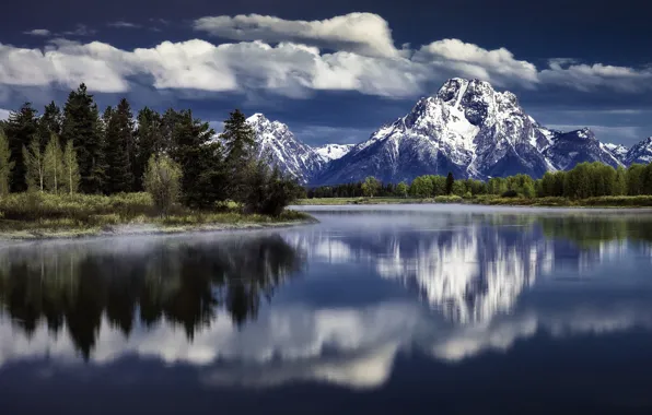 Картинка облака, деревья, горы, река