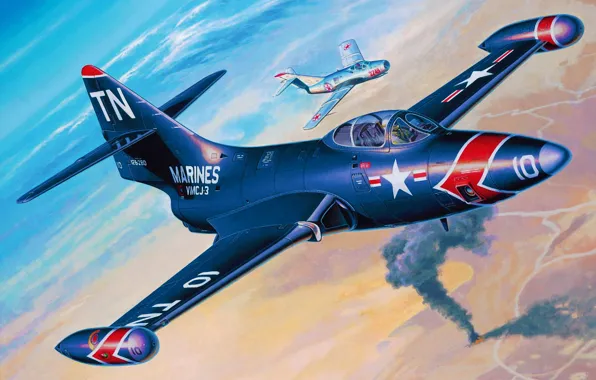 Картинка war, art, painting, jet, Grumman F9F Panther, avaition