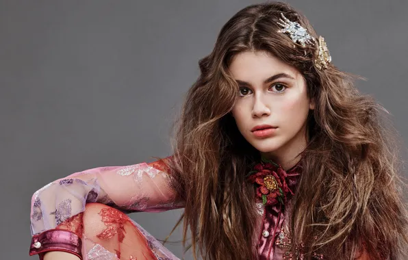 Взгляд, девушка, лицо, модель, волосы, платье, красивая, Kaia Gerber