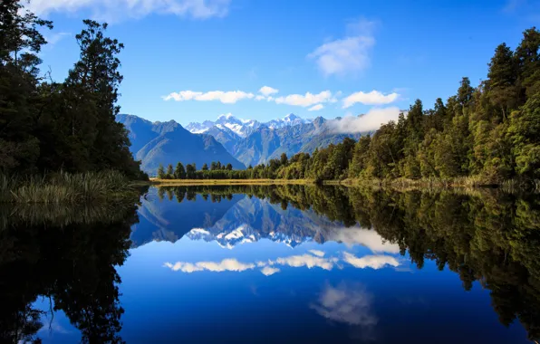 Картинка лес, горы, озеро, отражение, Новая Зеландия, New Zealand, Lake Matheson, Южные Альпы