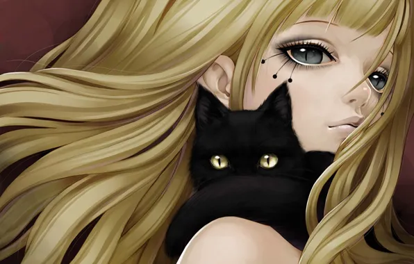 Картинка кошка, кот, девушка, волосы, арт, черная, плечо, зрачки