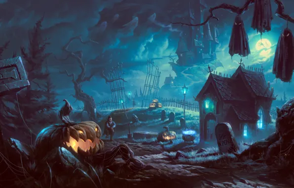 Картинка вампир, арт, деревья, могилы, мрачно, замок, луна, дерево, тыква, дом, ночь, летучие мыши, Halloween, фонари