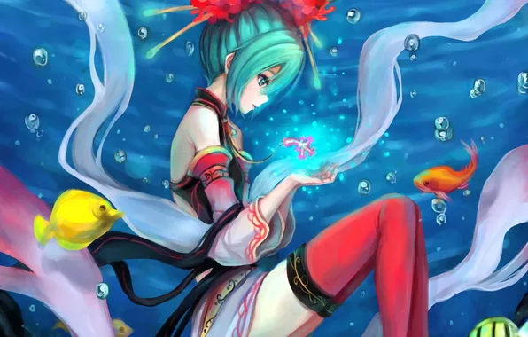 Картинка море, девушка, рыбки, поза, магия, vocaloid, hatsune miku, вокалоид