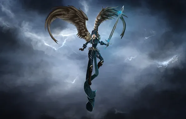 Девушка, тучи, крылья, меч, арт, в небе, доспех, League of Legends