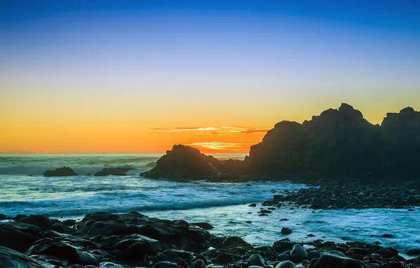 Картинка пейзаж, природа, камни, океан, скалы, берег, Oregon, расвет