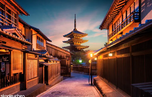 Закат, город, улица, дома, Япония, архитектура, Киото