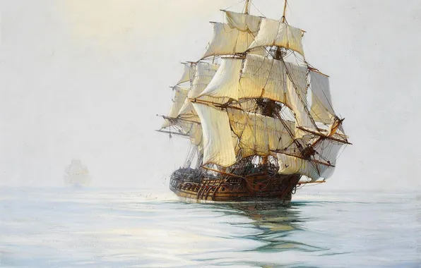 Картинка море, корабль, парусник, штиль, фрегат, Montague Dawson