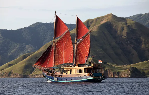 Картинка море, горы, берег, корабль, парус