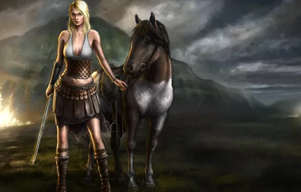 Картинка взгляд, девушка, оружие, фантастика, животное, лошадь, меч, арт