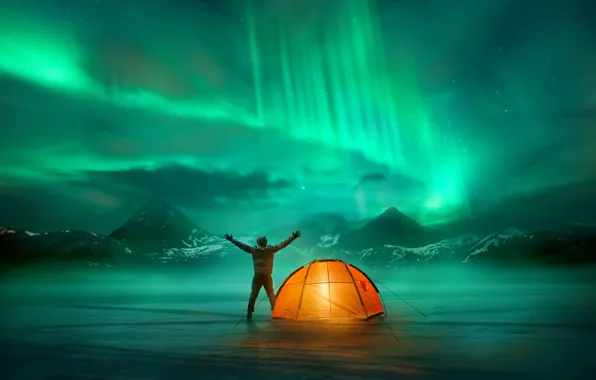 Aurora, night, mountains, Man, standing, Night Lights, camp, Tent