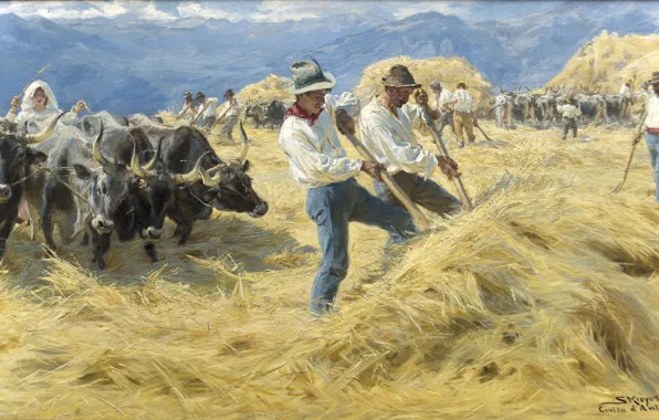 Картинка painting, hay, harvest, i A bruzzerne, Tærskning, stack, Severin Kroyer