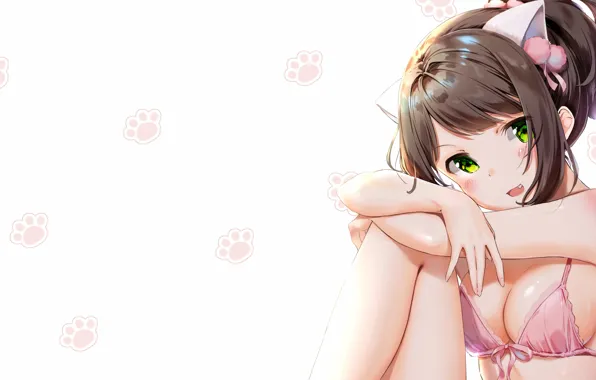Girl, sexy, lingerie, bra, cleavage, green eyes, boobs, animal ears