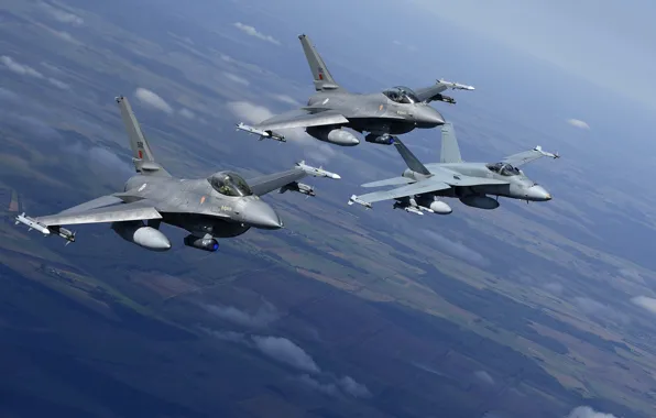 Картинка полет, ландшафт, истребители, F-16, Fighting Falcon, Hornet, CF-18